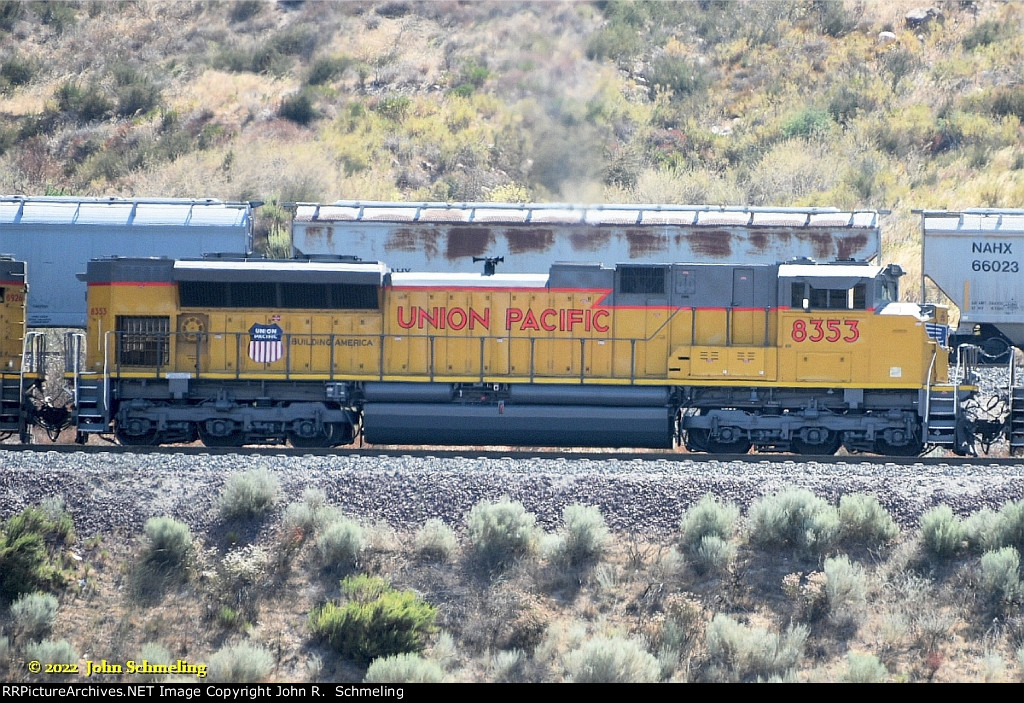 UP 8353 (SD70ACe) repainted with out the Flag, maybe the UP is done with the flag ! at Cajon CA. 8/5/2022